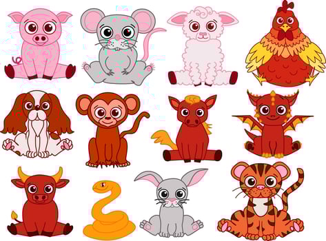 Set of cute baby animals of Chinese new year mascots. Graphic line illustration isolated. CNY lunar lantern festival colored vector