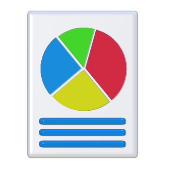 3D icon of a document containing pie chart data. Suitable for business presentations and corporate assets. png