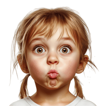 Surprised young girl with wide eyes and puckered lips expressing playful shock png