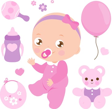 Baby shower and birthday party set. Cute pink baby girl accessories. Baby girl with milk bottle, teddy bear toy and pink balloon. vector