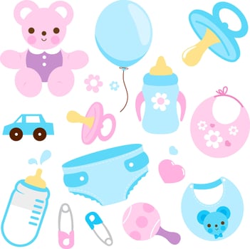 Baby girl and baby boy nursery accessories in pastel blue and pink colors. Cute baby shower set, milk bottle, diapers, toys. Newborn baby and toddler collection. vector