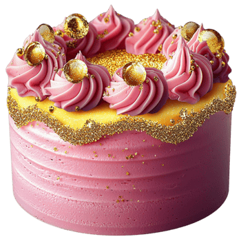 Elegant pink cake with golden decorations swirls of frosting and small delicate pearls png