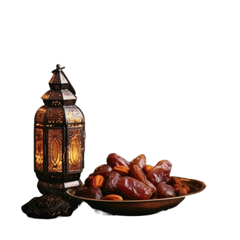 Isolated Glowing Arabic Lamp with a Plate full of Dates for Ramadan Mubarak . png