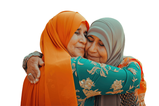 Two women in orange and green clothing hugging png