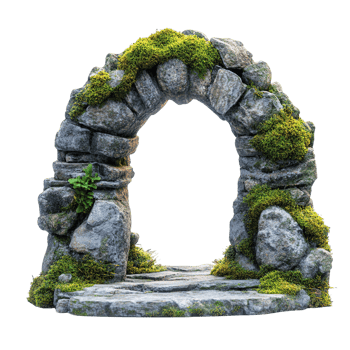 Natural stone arch frame covered in moss isolated on transparent background png