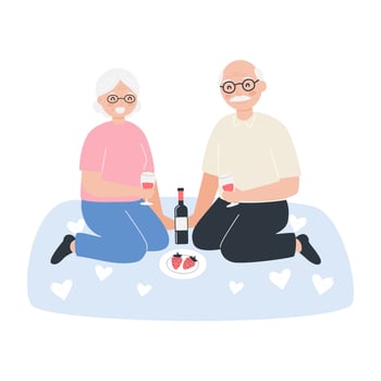 Elderly couple enjoying a romantic picnic with wine and strawberries on a cozy blanket vector