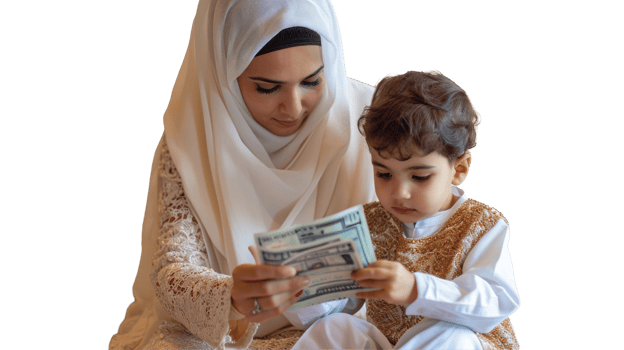 A mother and her son are looking at money png