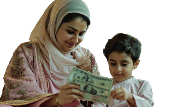 A woman and a child are looking at money png