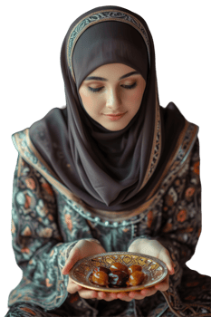 Closeup view of Muslim Woman Holding a Plate of Sweet Dates During Ramadan or Iftar Islamic Festival png
