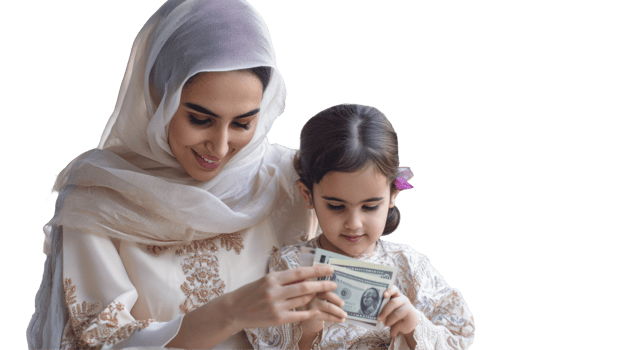 Young muslim mother giving money to her child daughter isolated png