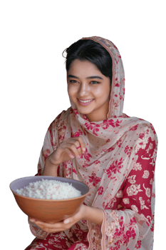 A woman in a traditional indian dress holding a bowl of rice png
