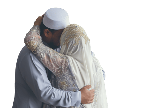 A muslim couple embracing in a traditional wedding dress png