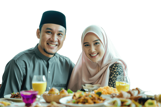 A couple posing for a photo at a table with food png