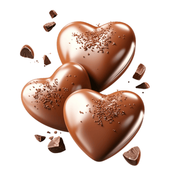 Smooth heartshaped chocolates with a glossy surface sprinkled with fine cocoa powder png