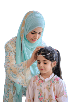 A woman is helping a little girl put on her head scarf png