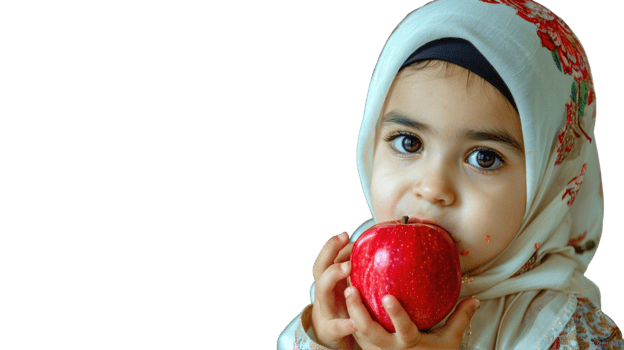 A young girl in a headscarf holding an apple png