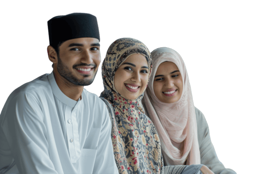 Three muslim people are smiling and sitting together png