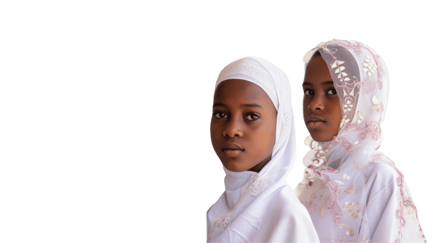 Two young girls wearing white clothing and headscarves png