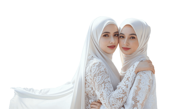 Two women in white dresses are posing for the camera png