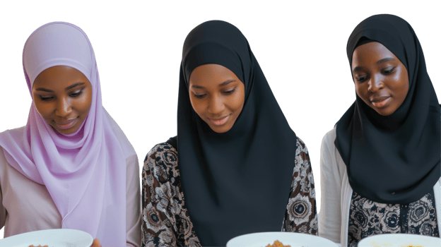 Three women wearing hijab are eating food png