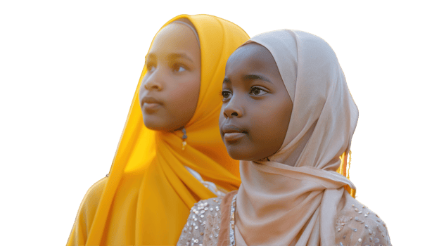 Two young girls wearing headscarves and yellow clothing png