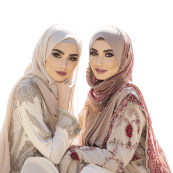 Two women in hijab sitting together png