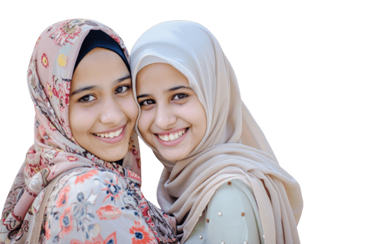 Two young women wearing headscarves are smiling png
