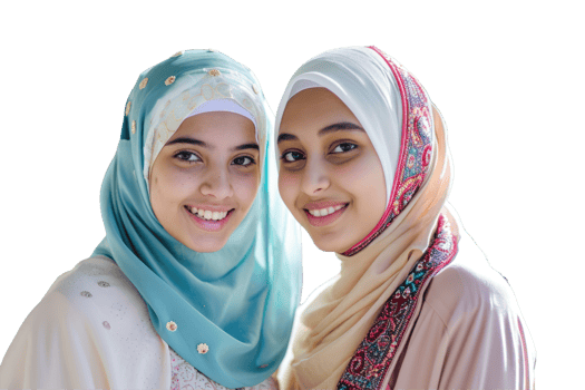 Two young women wearing hijab pose for the camera png