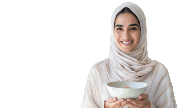 A woman in a hijab holding a bowl of cereal png