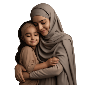 Muslim woman hugging her daughter on black background png
