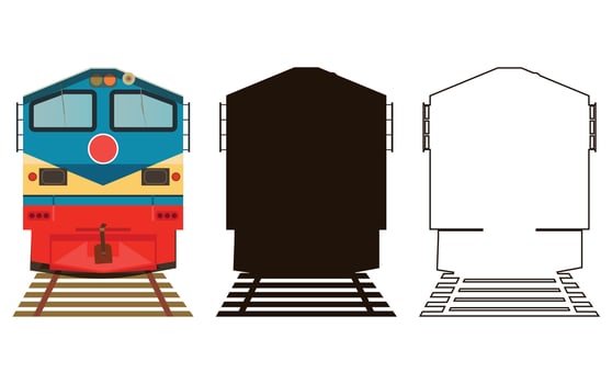 Train Locomotive Front View in line art, silhouette and colorful vector