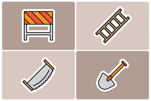 Construction Tools and Equipment Doodle Icon Sticker Set. Ladder, Saw, Shovel, and Barrier vector