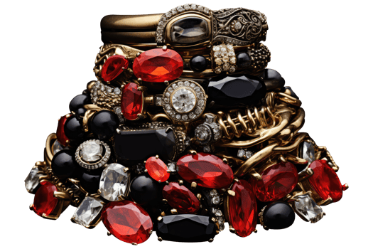 A pile of gold and black jewelry with red and white stones png