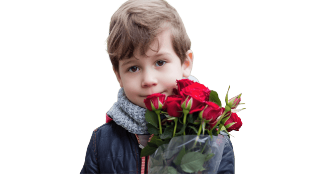 A young boy holding a bouquet of roses png