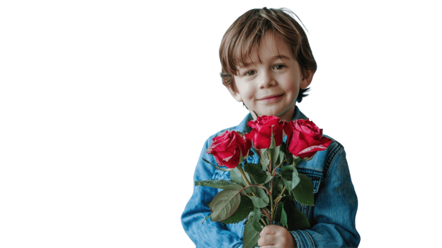 A young boy holding a bunch of roses png