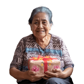 An older woman holding a gift box png