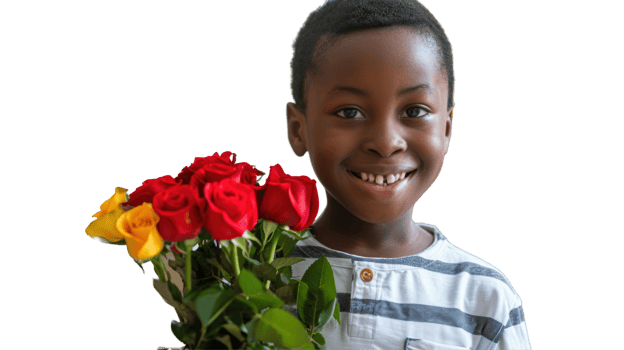 A young boy holding a bouquet of roses png