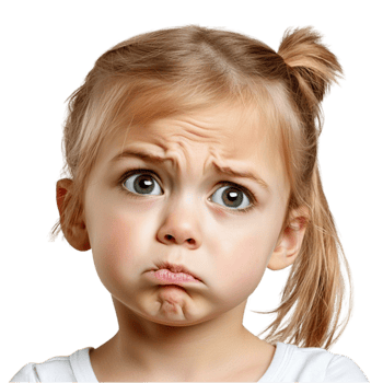 Young girl with a confused facial expression and a messy ponytail png