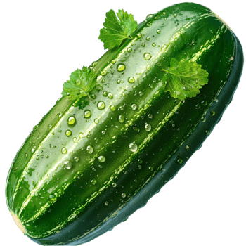 Fresh green cucumber covered in tiny water droplets garnished with a small sprig of cilantro png
