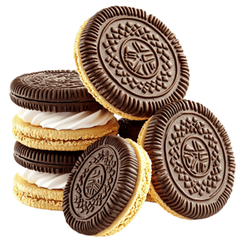 Chocolate sandwich cookies with creamy vanilla filling stacked in an appetizing arrangement png