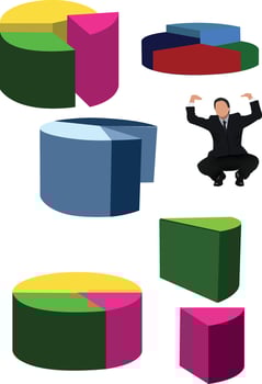 Business man in suit and tie sitting on pie charts vector