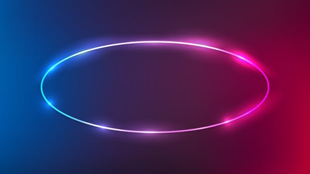 Neon oval frame with shining effects on dark purple background. Empty glowing techno backdrop. illustration vector