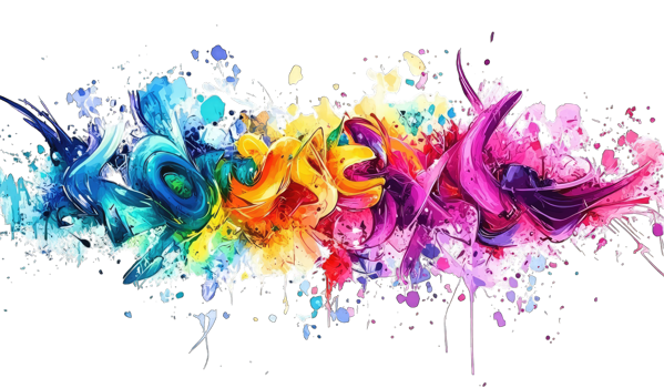 Bold rainbow graffiti art with colorful abstract shapes and paint splatters Perfect for digital art prints or vibrant website backgrounds. png