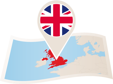 Folded map of United Kingdom with flag pin of UK. png