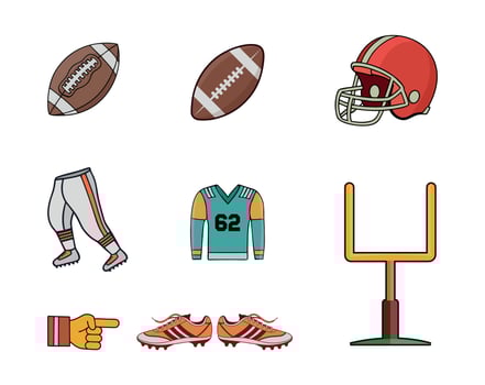 A American football clip art illustration big collection, football sport champion Trophy, goal, note shoe, award helmet uniform jersey full set equipment collection vector