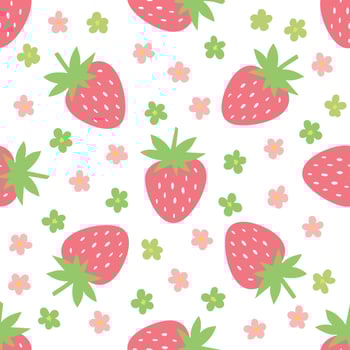 cute whimsical strawberries and flowers pattern vector