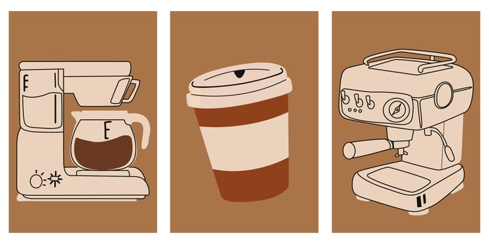 Cartoon retro coffee posters. Minimalist coffee banners for wall decor, prints. Barista theme vector