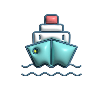 3D Glossy Ship Icon with Blue Hull and Red Chimney png