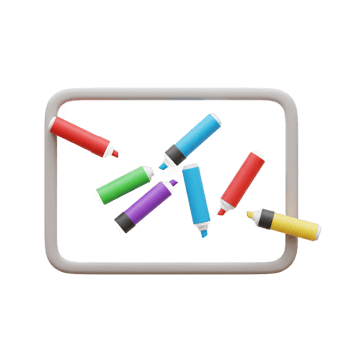 Colorful Markers Scattered on a Whiteboard A 3D Render of vibrant Markers around a clean whiteboard, symbolizing creativity and ideas png