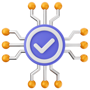A check mark on a circuit board with orange and blue circles png